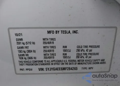 2021 Tesla Model Y Long Range Dual Motor All-Wheel Drive from USA, damaged, VIN 5YJYGAEE6MF284265